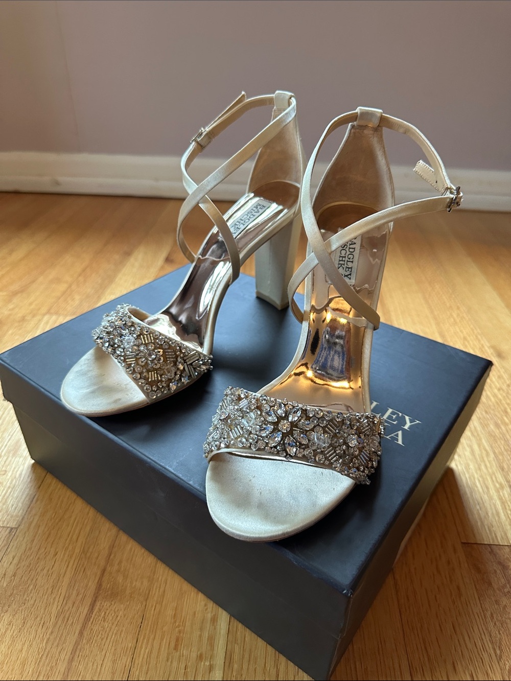 Badgley Mischka Ivory Crystal-Embellished Strappy Block Heels